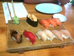 Nozomi - nigiri (scallops, salmon, albacore, hamachi, tuna, unagi)